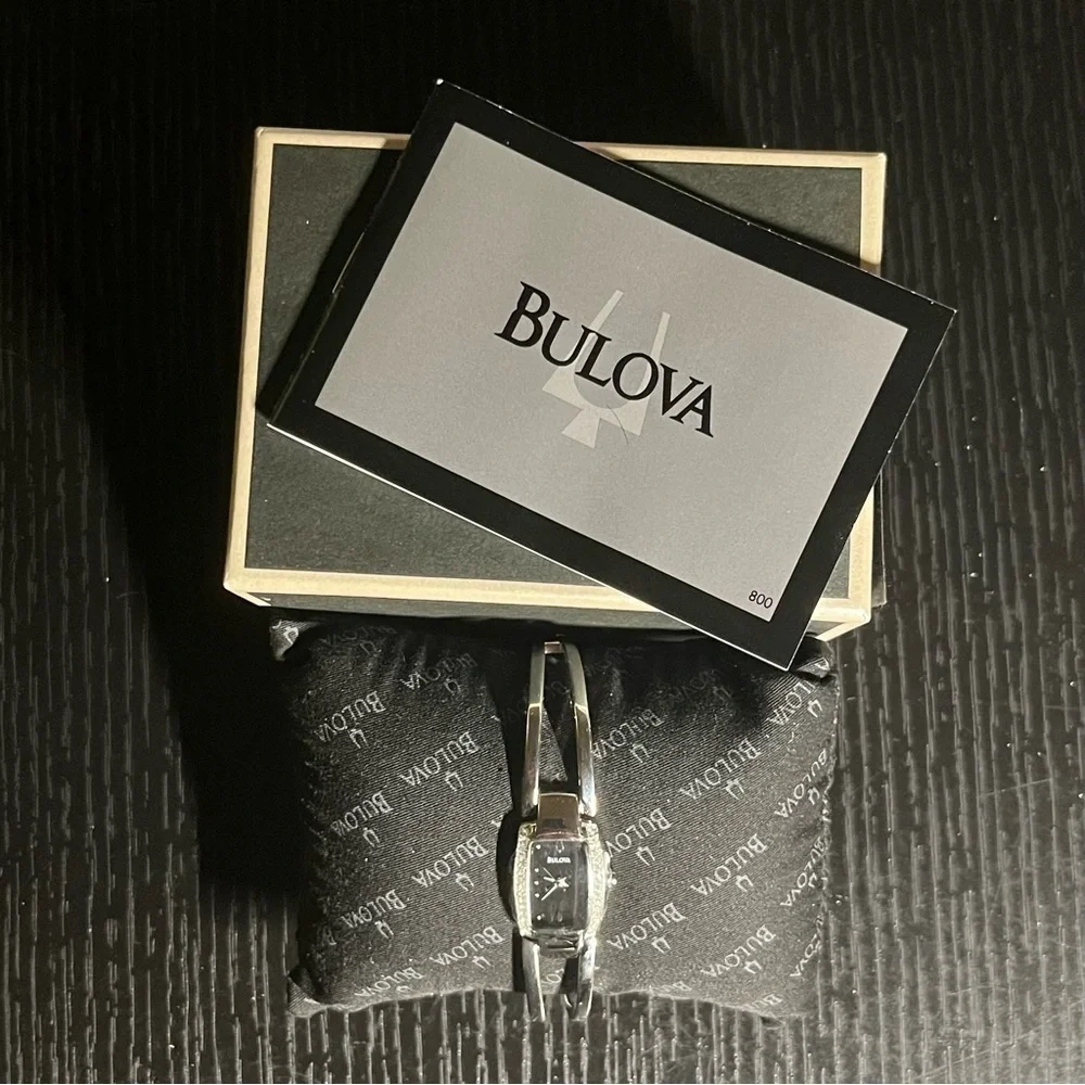 Bulova Swarovski Watch Silver Black Dial